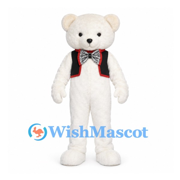 Polar Bear Mascot Costume with Black Vest and Striped Bow Tie