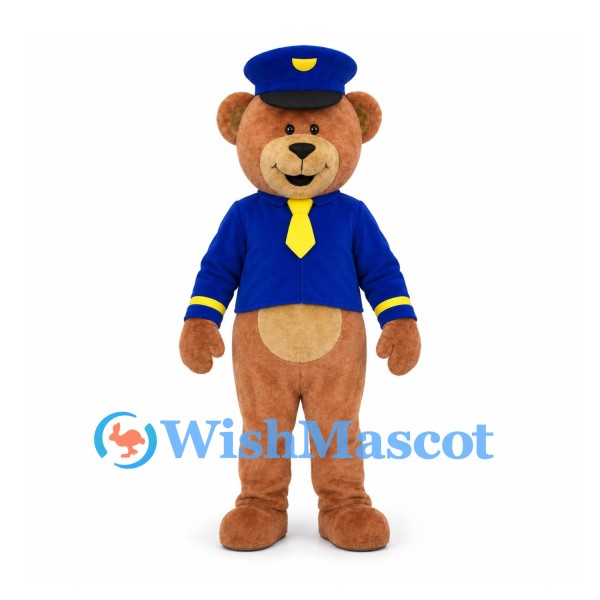 Pilot Bear Mascot Costume with Blue Uniform and Yellow Tie