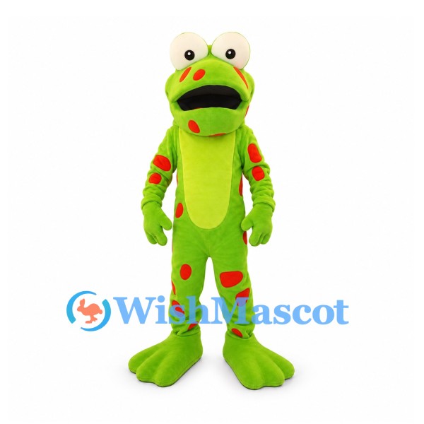 Frog Mascot Costume in Green with Red Spots and Large Eyes