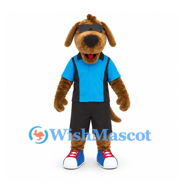 Dog Mascot Costume with Blue Sports Shirt and Black Shorts