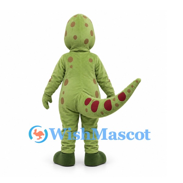 Dinosaur Mascot Costume in Green with Red Spots and Long Tail