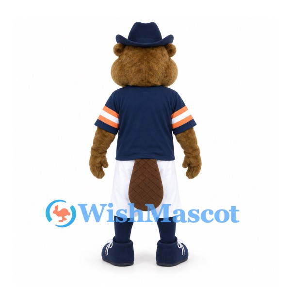 Beaver Mascot Costume with Blue Hat Navy Shirt and White Shorts
