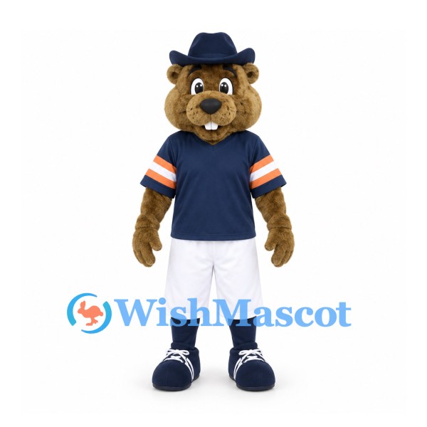 Beaver Mascot Costume with Blue Hat Navy Shirt and White Shorts