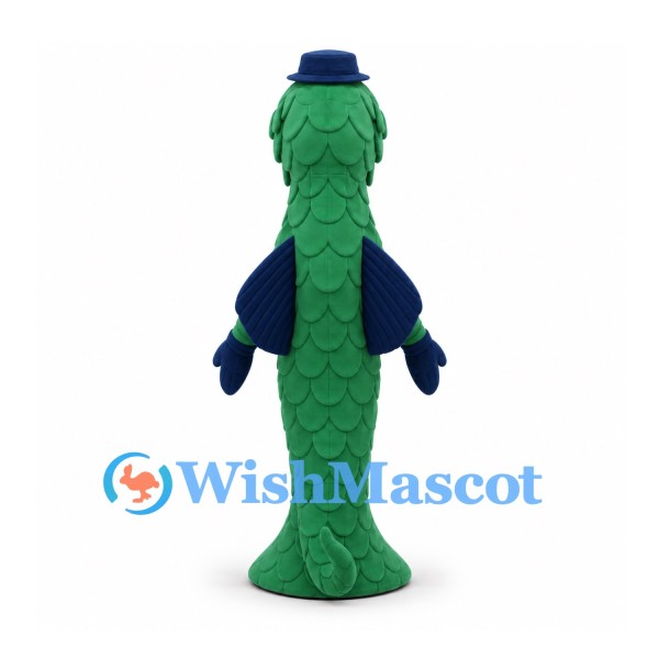 Seahorse Mascot Costume in Green with Blue Hat and Scale Details