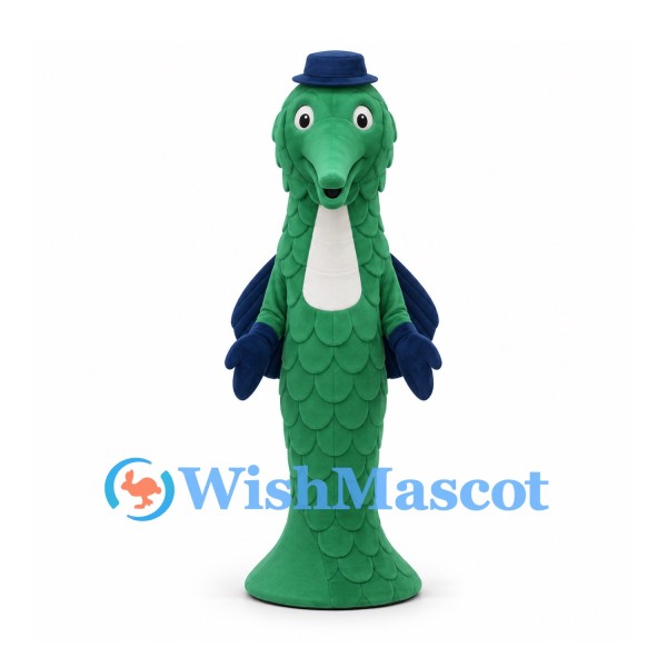 Seahorse Mascot Costume in Green with Blue Hat and Scale Details