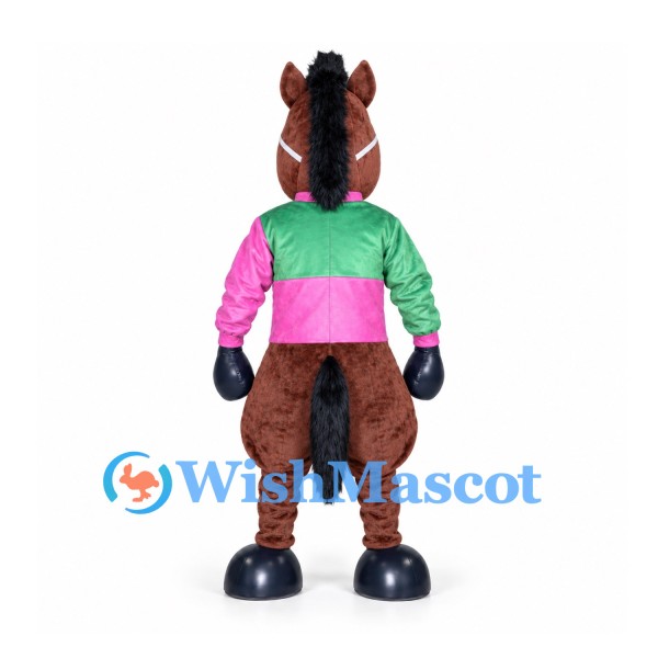 Horse Mascot Costume with Green and Pink Racing Shirt