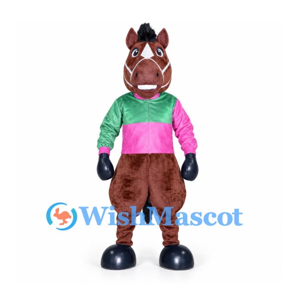 Horse Mascot Costume with Green and Pink Racing Shirt