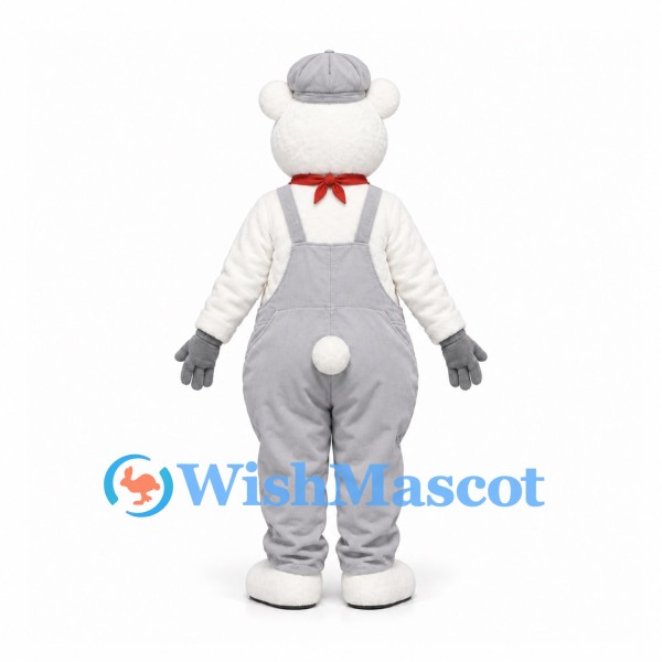 Polar Bear Mascot Costume with Gray Overalls Cap and Red Scarf