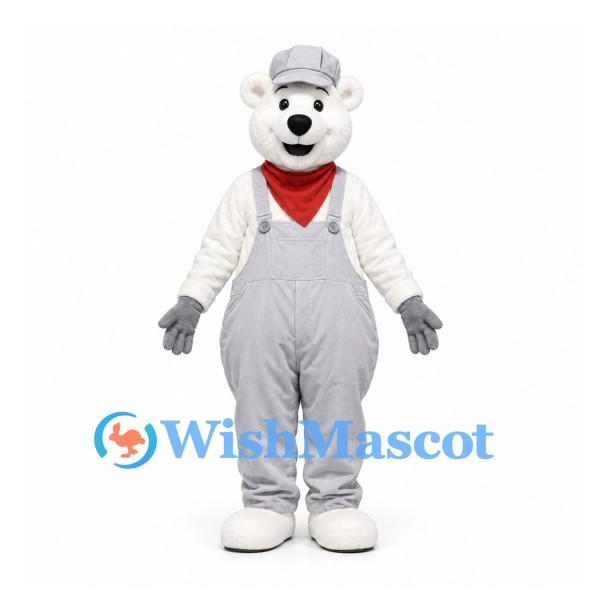 Polar Bear Mascot Costume with Gray Overalls Cap and Red Scarf