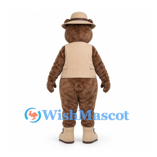 Explorer Bear Mascot Costume with Tan Hat and Beige Vest