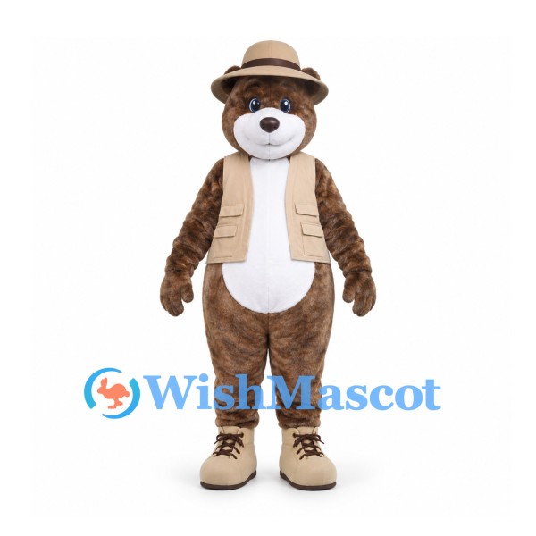 Explorer Bear Mascot Costume with Tan Hat and Beige Vest