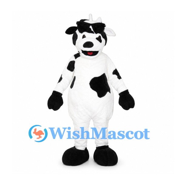 Cow Mascot Costume in Black and White with Shaggy Forelock