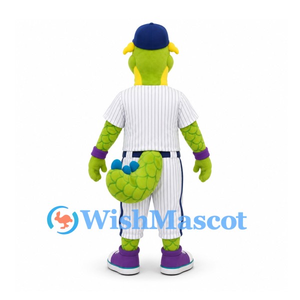 Dinosaur Mascot Costume in Green with Baseball Uniform and Blue Cap