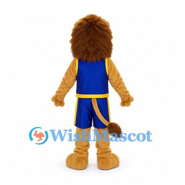 Lion Mascot Costume with Blue Basketball Uniform and Brown Mane
