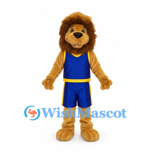 Lion Mascot Costume with Blue Basketball Uniform and Brown Mane