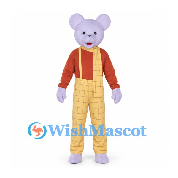 Mouse Mascot Costume in Lavender with Red Shirt and Yellow Plaid Pants
