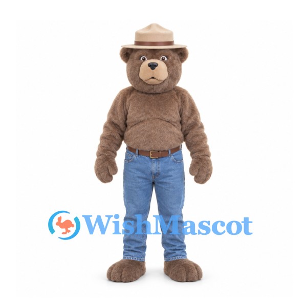 Cowboy Bear Mascot Costume with Tan Hat and Blue Jeans