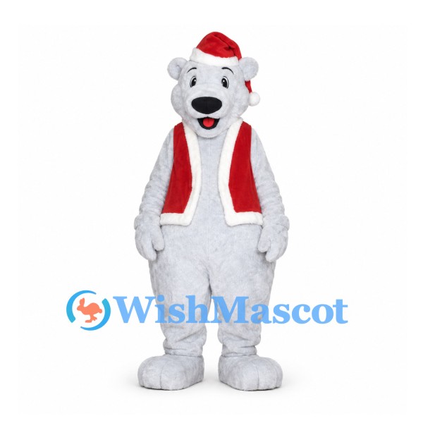 Christmas Polar Bear Mascot Costume with Red Santa Hat and Vest