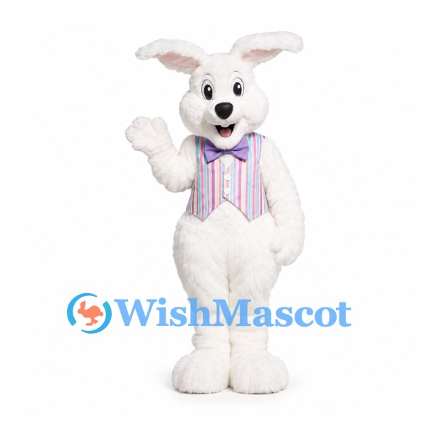 Rabbit Mascot Costume in White with Pastel Striped Vest