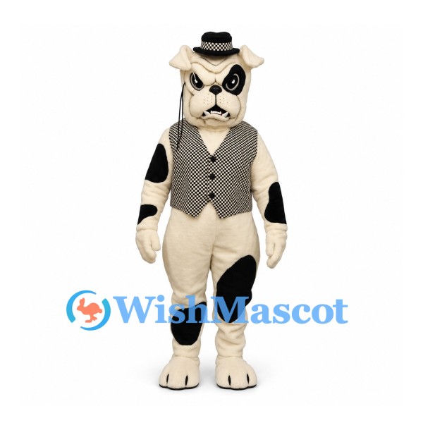 Dog Mascot Costume with Black Eye Patch Checkered Vest and Hat