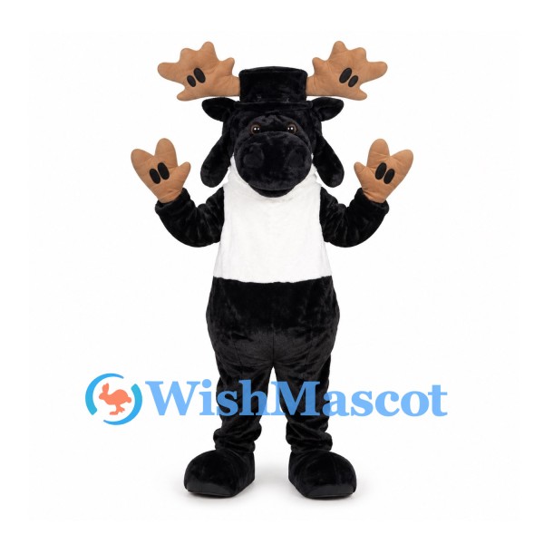 Moose Mascot Costume in Black with Brown Antlers and White Shirt
