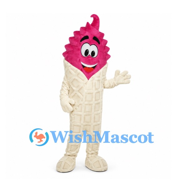 Ice Cream Cone Mascot Costume with Pink Soft Serve and Cream Waffle Body