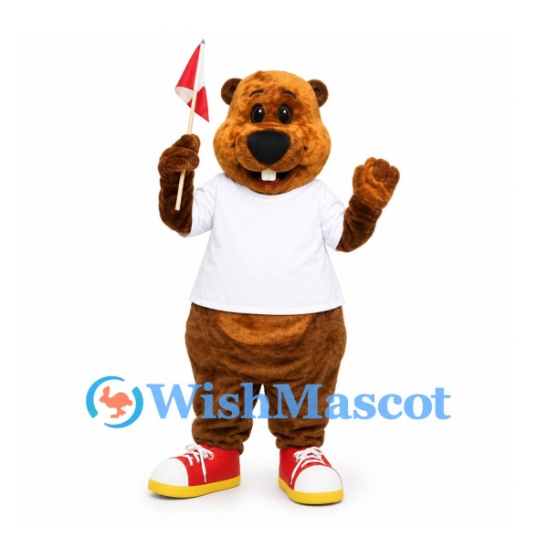 Beaver Mascot Costume with White Shirt and Red Sneakers
