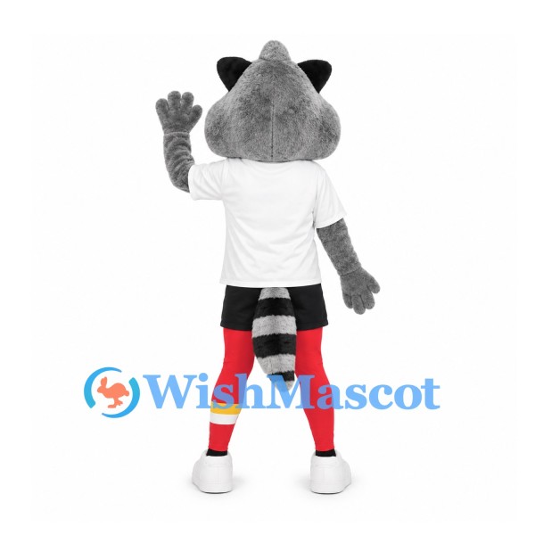 Raccoon Mascot Costume with White Sports Shirt and Red Socks