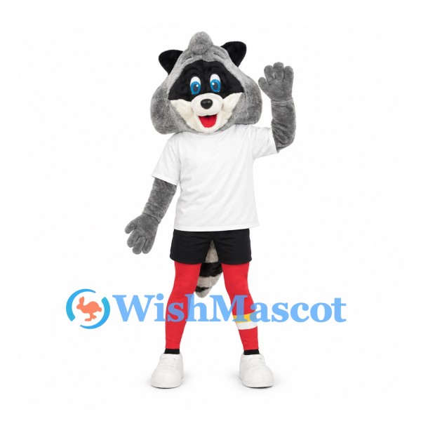 Raccoon Mascot Costume with White Sports Shirt and Red Socks