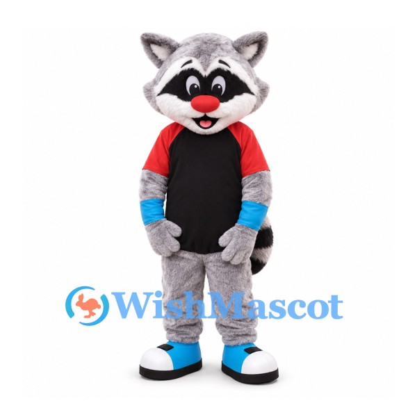 Raccoon Mascot Costume with Black Red and Blue Shirt