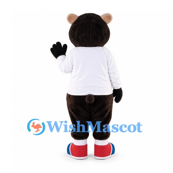 Bear Mascot Costume in Black with White Shirt and Red Sneakers