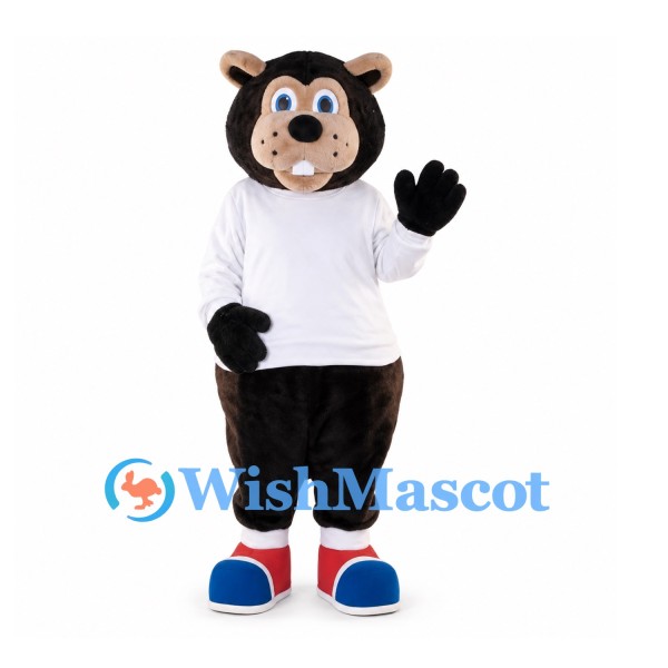 Bear Mascot Costume in Black with White Shirt and Red Sneakers