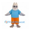 Bird Mascot Costume with Glasses Blue Shirt and Orange Shorts
