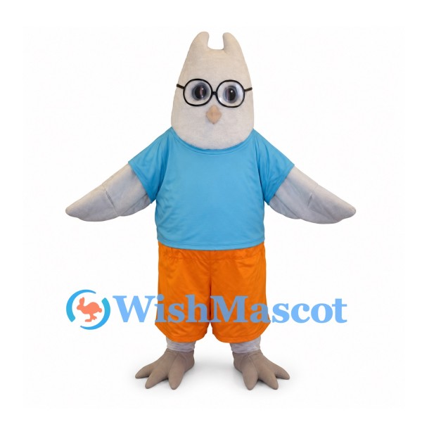 Bird Mascot Costume with Glasses Blue Shirt and Orange Shorts