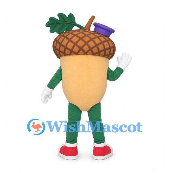 Acorn Mascot Costume with Green Outfit and Purple Top Hat