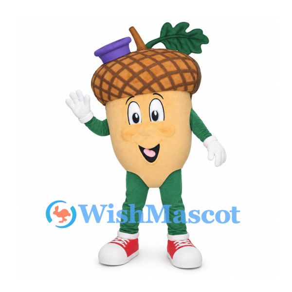 Acorn Mascot Costume with Green Outfit and Purple Top Hat