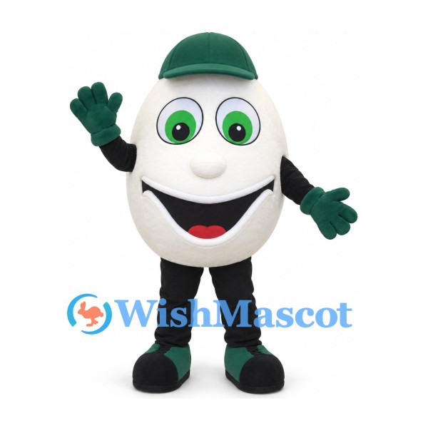 Egg Mascot Costume with Green Cap and Smiling Face