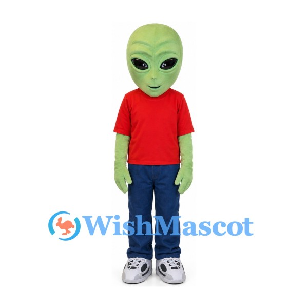 Alien Mascot Costume in Green with Red Shirt and Blue Pants