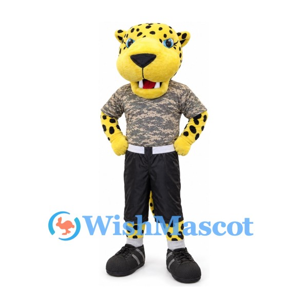 Leopard Mascot Costume with Gray Shirt and Black Pants