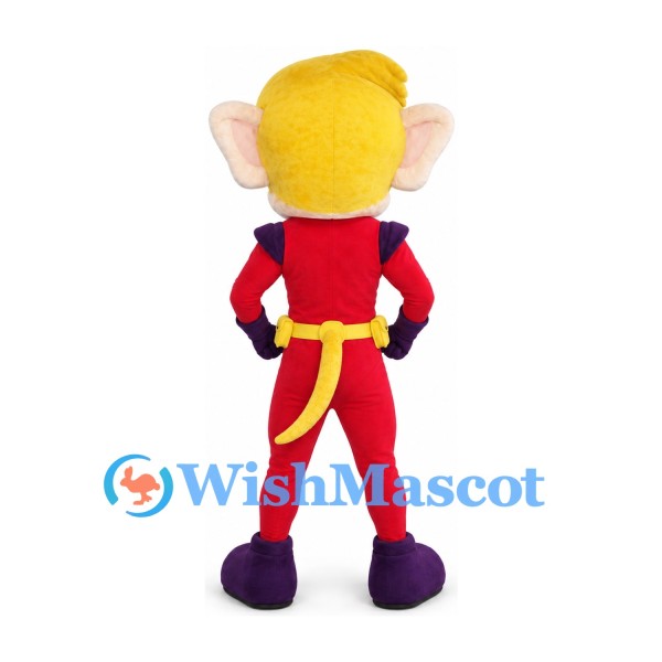 Superhero Monkey Mascot Costume with Yellow Hair and Red Outfit