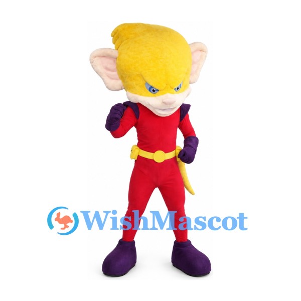 Superhero Monkey Mascot Costume with Yellow Hair and Red Outfit