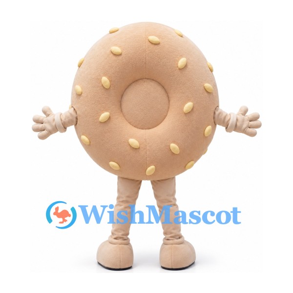 Donut Mascot Costume in Beige with Sprinkles and Smiling Face
