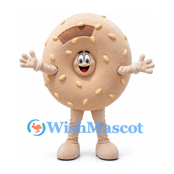 Donut Mascot Costume in Beige with Sprinkles and Smiling Face