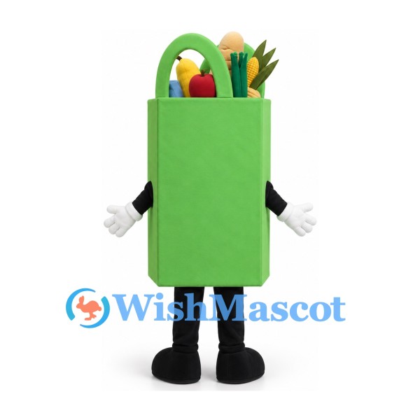 Grocery Bag Mascot Costume in Green with Fruit and Vegetable Details