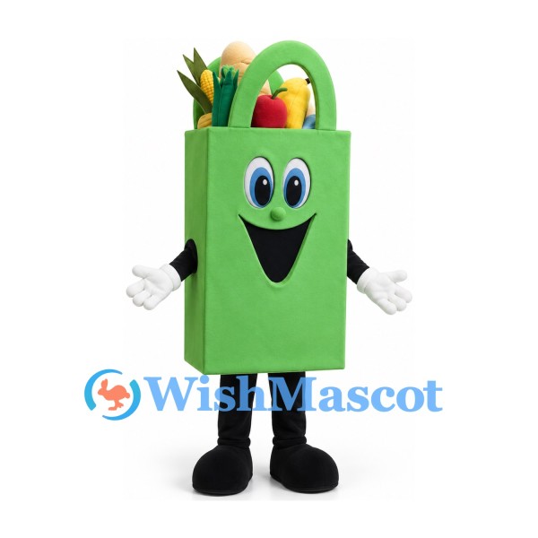 Grocery Bag Mascot Costume in Green with Fruit and Vegetable Details