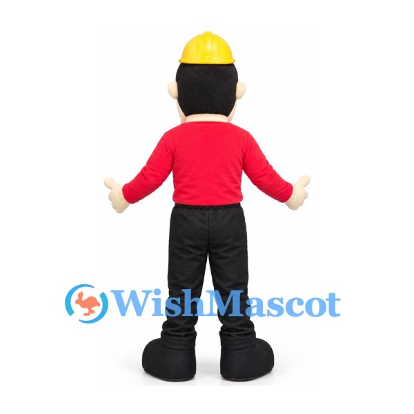 Construction Worker Mascot Costume with Yellow Hard Hat and Red Shirt