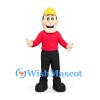 Construction Worker Mascot Costume with Yellow Hard Hat and Red Shirt