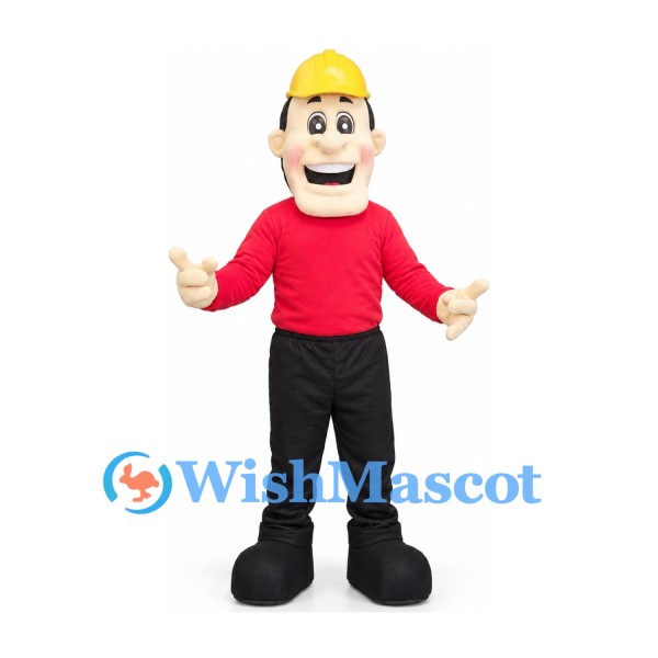 Construction Worker Mascot Costume with Yellow Hard Hat and Red Shirt