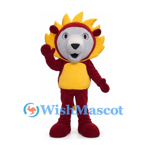 Lion Mascot Costume in Burgundy with Yellow Mane and Belly
