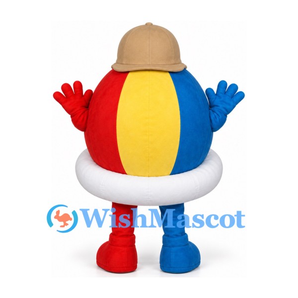 Beach Ball Mascot Costume with Red Yellow and Blue Panels and Tan Cap